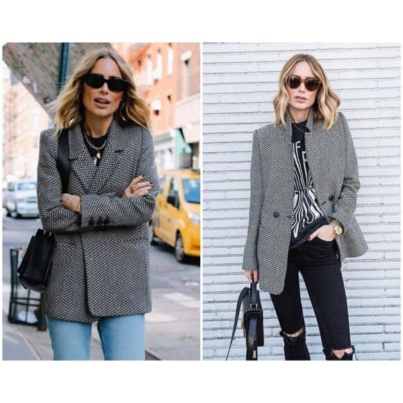 💕ANINE BING💕 Fishbone Blazer ~ Wool Blend Black & Off-White Print XS - Picture 2 of 16